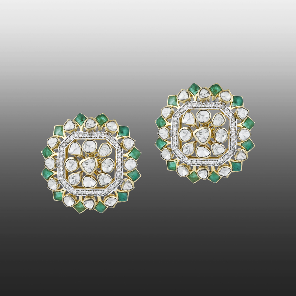 Round Polki Earrings with Green Talaf and Diamond Border